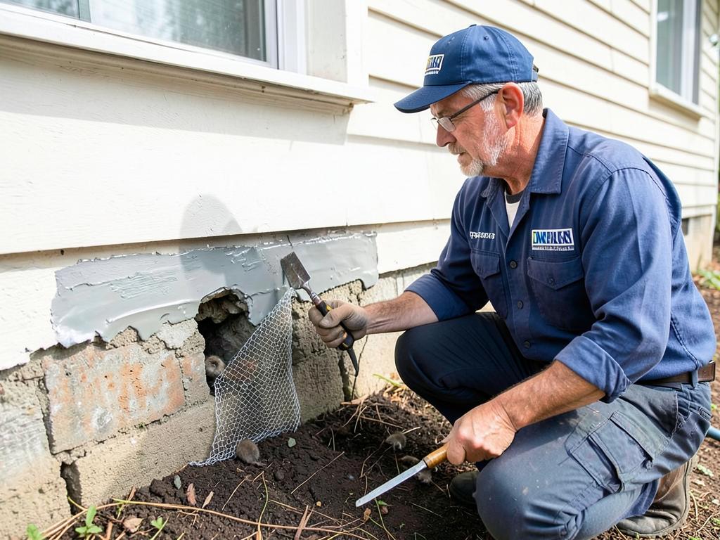Technician sealing a rodent entry point in a home foundation