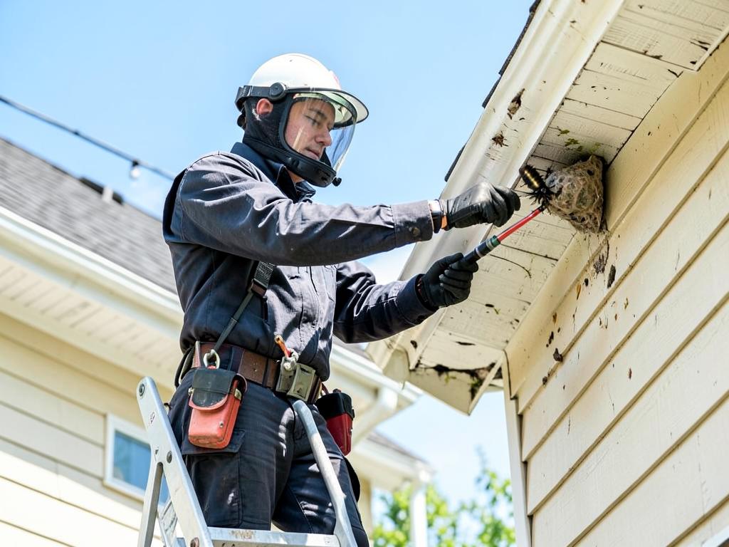 Technician in protective gear removing a wasp nest under a house eave